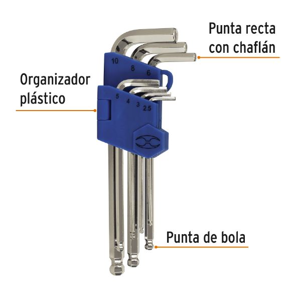 JUEGO DE 7 LLAVES ALLEN EXTRA LARGAS MILIMETRICAS C/ ORGANIZADOR