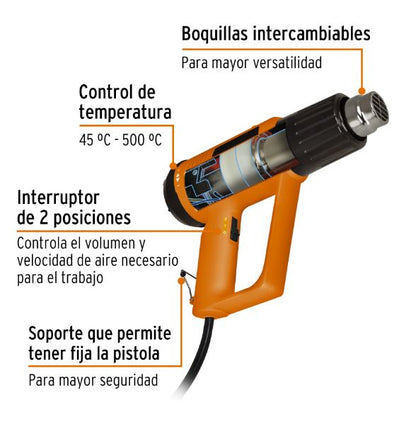 PISTOLA DE CALOR 2000W CON ACCESORIOS, PROFESIONAL (PISCA-A)