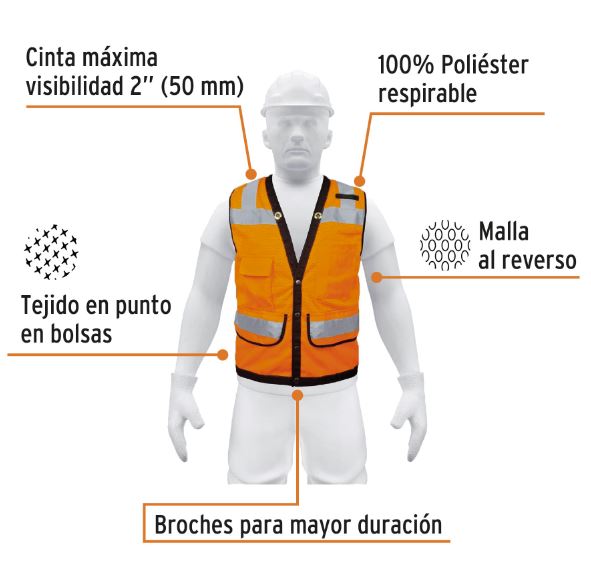 CHALECO DE SEGURIDAD REFORZADO C/BOLSAS NARANJA GRANDE