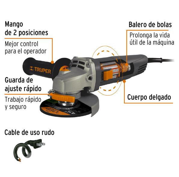 ESMERILADORA ANGULAR 4-1/2" 850W, INDUSTRIAL, TRUPER (ESMA-4580N)