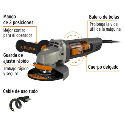 ESMERILADORA ANGULAR 4-1/2" 850W, INDUSTRIAL, TRUPER (ESMA-4580N)