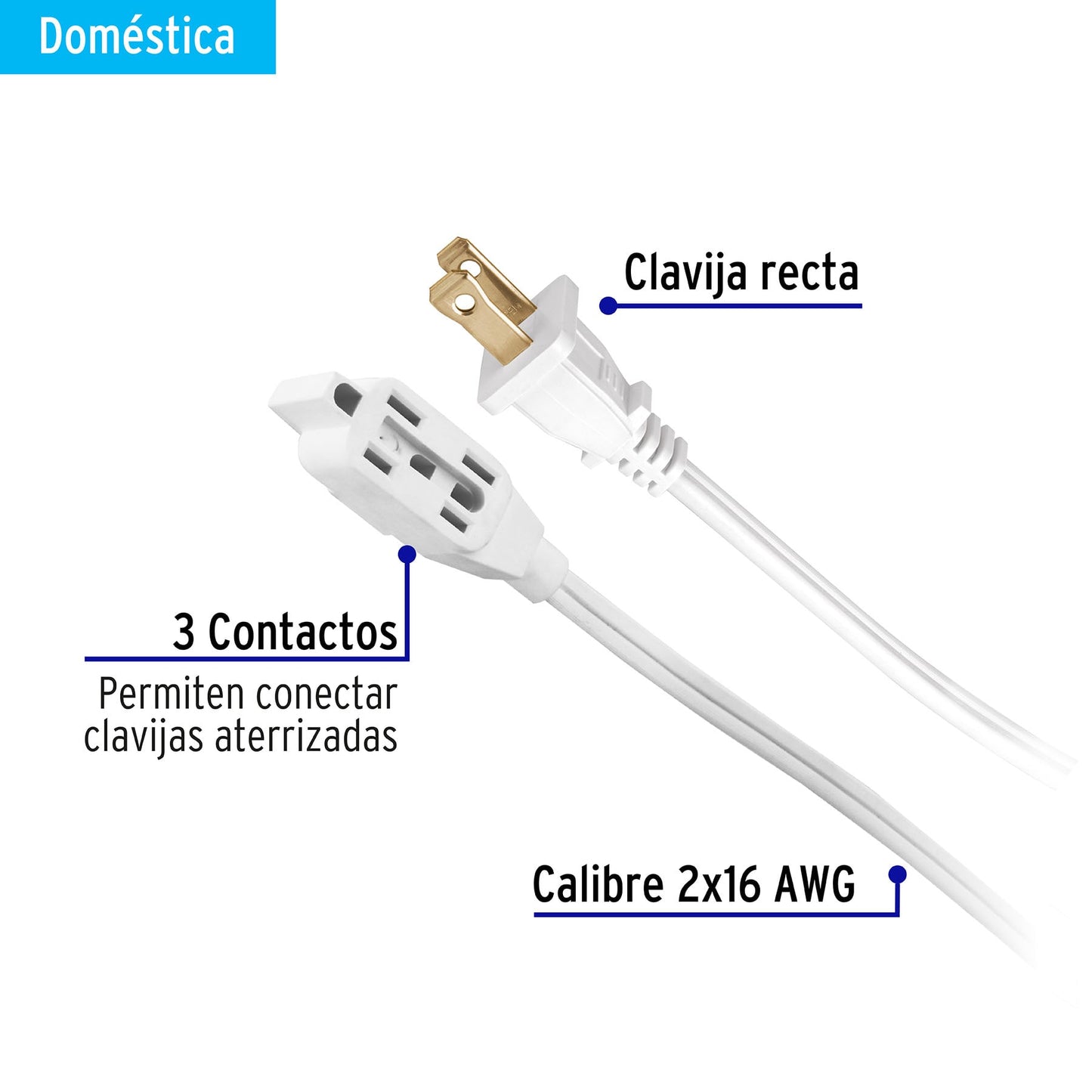 EXTENSION ELECTRICA DOMESTICA 5M BLANCA CON CLAVIJA RECTA